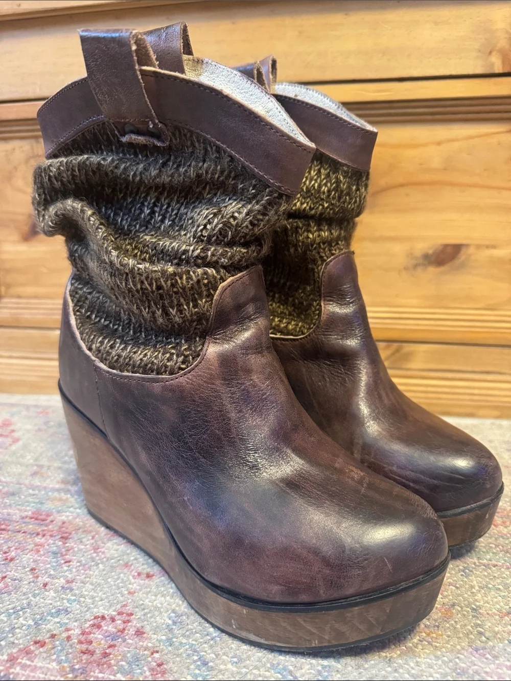 Bed Stu Bruges Wooden Wedge Slouch Rouge Knit Leather Distress Brown Boots